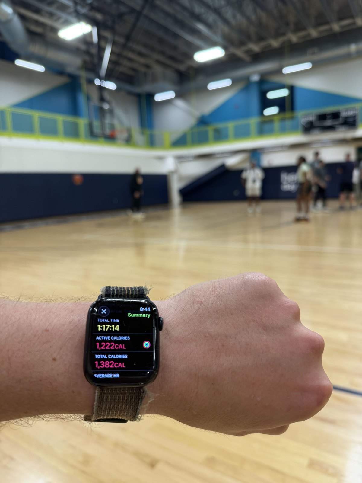 Apple Watch workout summary held up on the Swish House court: 1:17:14 total time, 1,222 active calories, 1,382 total calories.